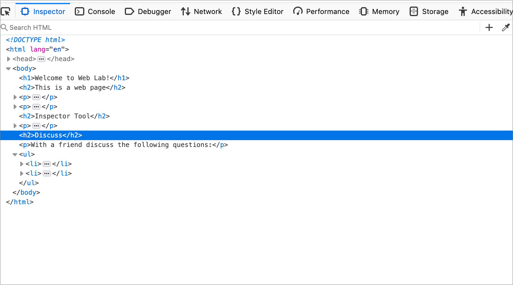 Firefox Inspector tab showing HTML code