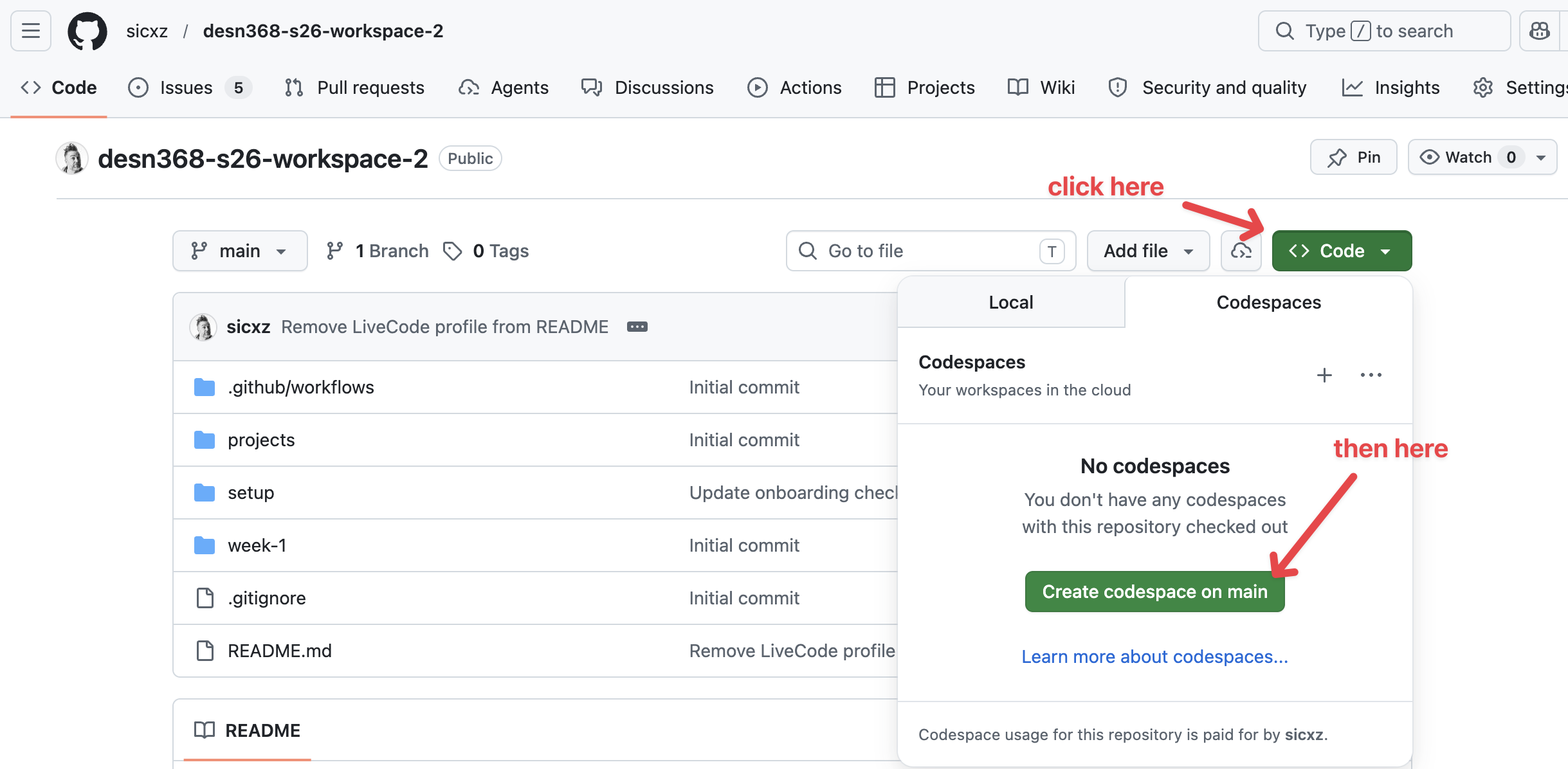 image showing where to click to open a codespace in a github repo