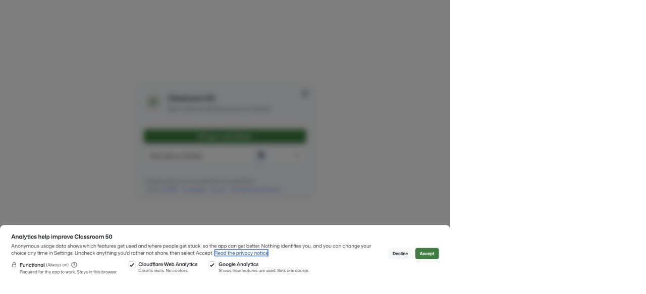 The Classroom 50 analytics dialog, with Decline and Accept buttons.