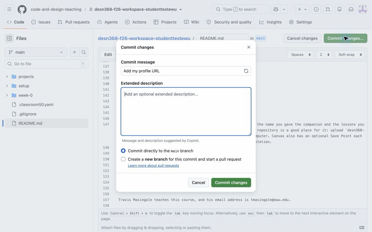 The Commit changes dialog with the message Add my profile URL.