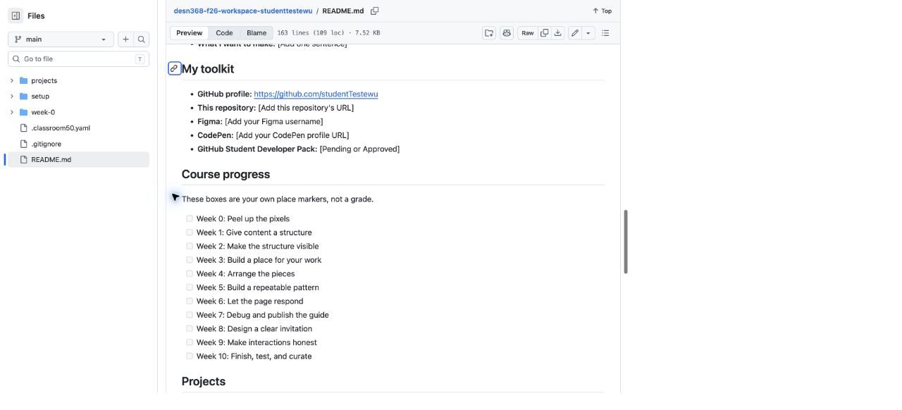 The saved README with the profile link filled in.